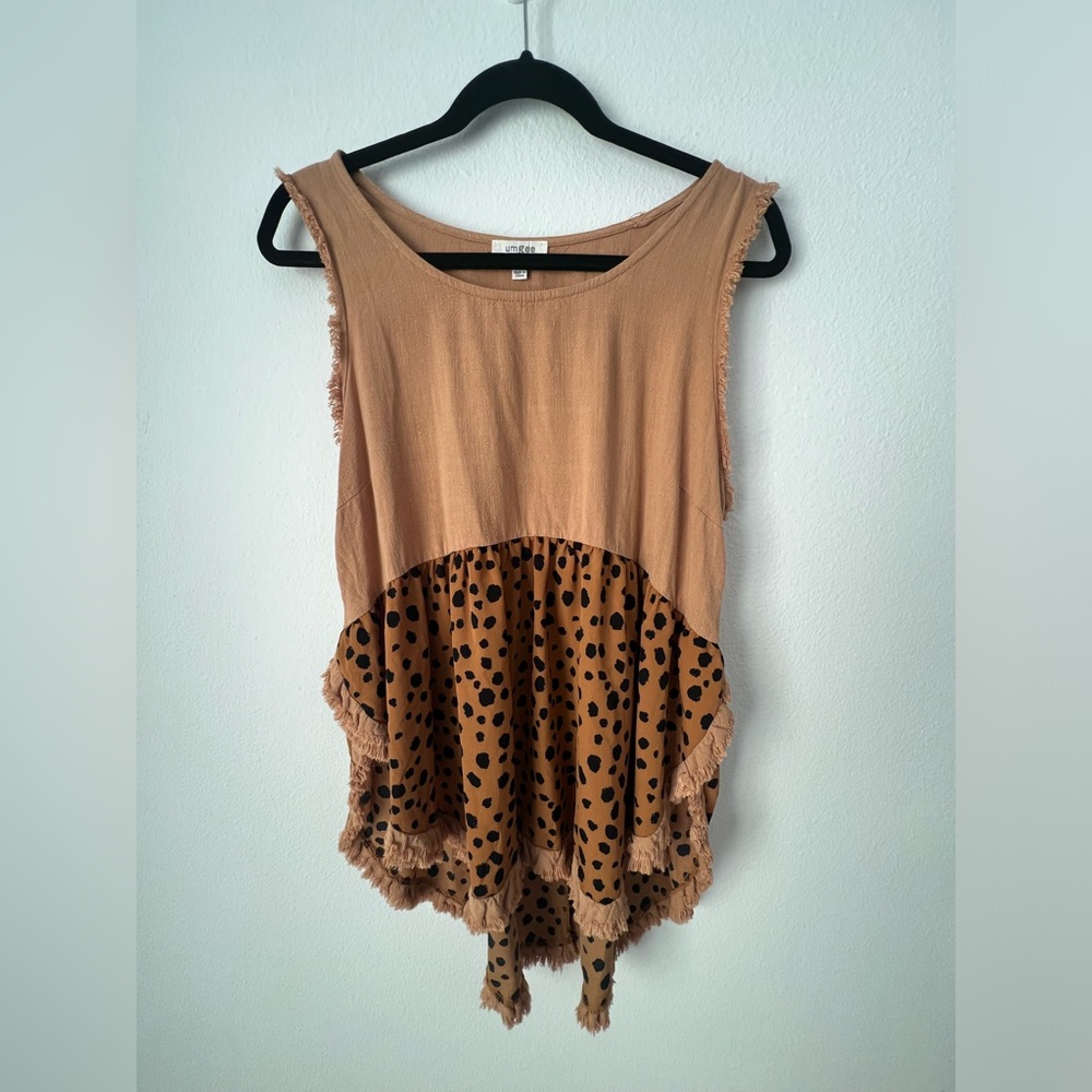 Umgee Tan and Black Two-Tone animal print Ruffled Cami